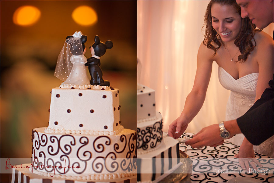 mcm elegante ballroom reception cutting the wedding cake