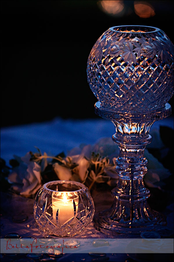 crystal and candle decorations in outdoor wedding reception