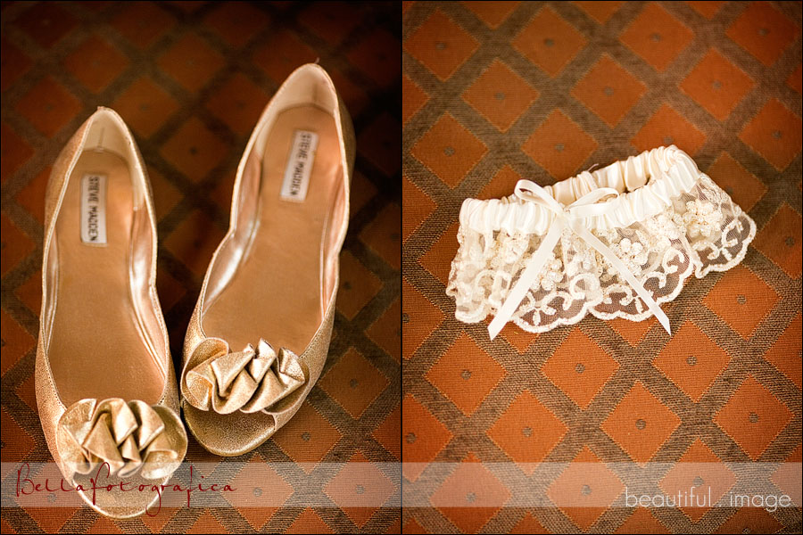 gold wedding shoes and garter