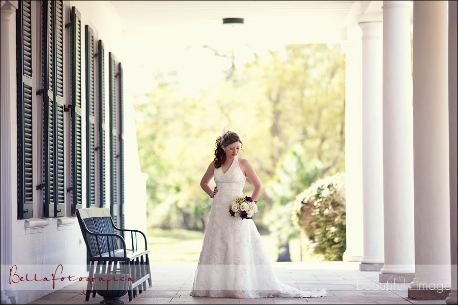 bride outdoors with columns