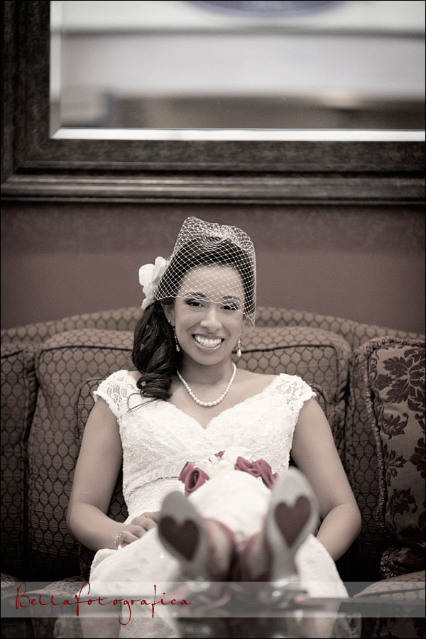 bride and red shoes with hearts on them