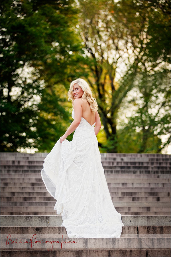 bride walking the steps at bethesda fountain in central park