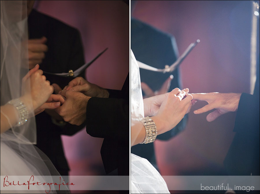 bride and groom placing rings on each others hands