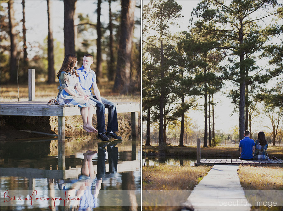 orange texas engagement photos on a pier over a pond