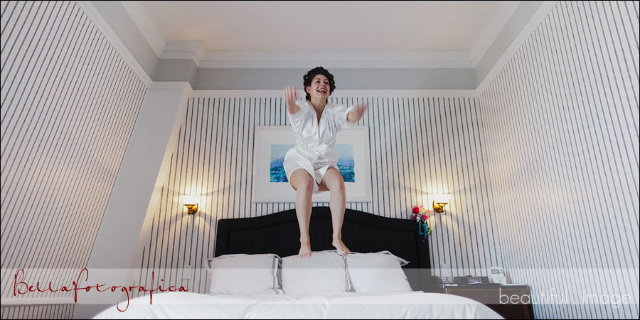 bride jumping on the bed