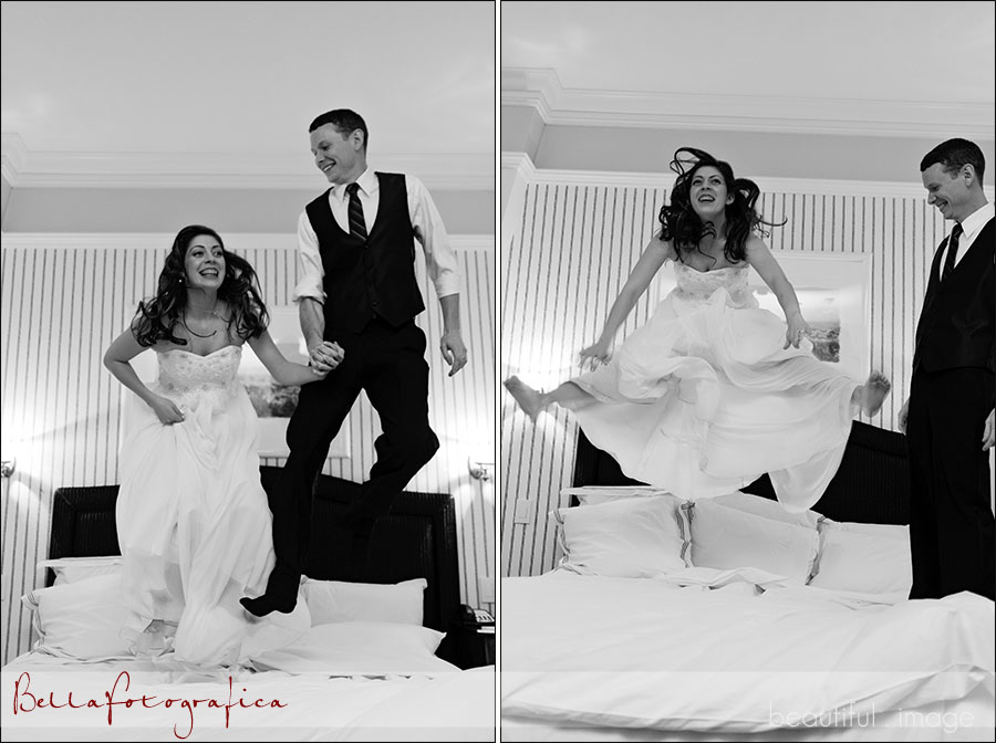 bride and groom jumping on their bed at Tremont House
