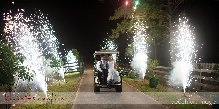 bride and groom leaving their wedding reception through fireworks