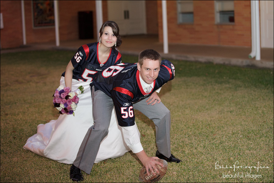bride and groom wearing houston texans jerseys