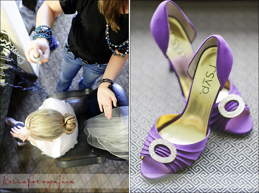 bride getting her hair did and her wedding shoes