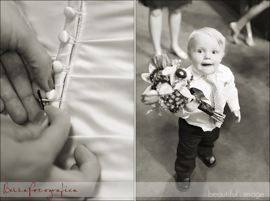 brides dress getting buttoned and ring bearer becomes flower child