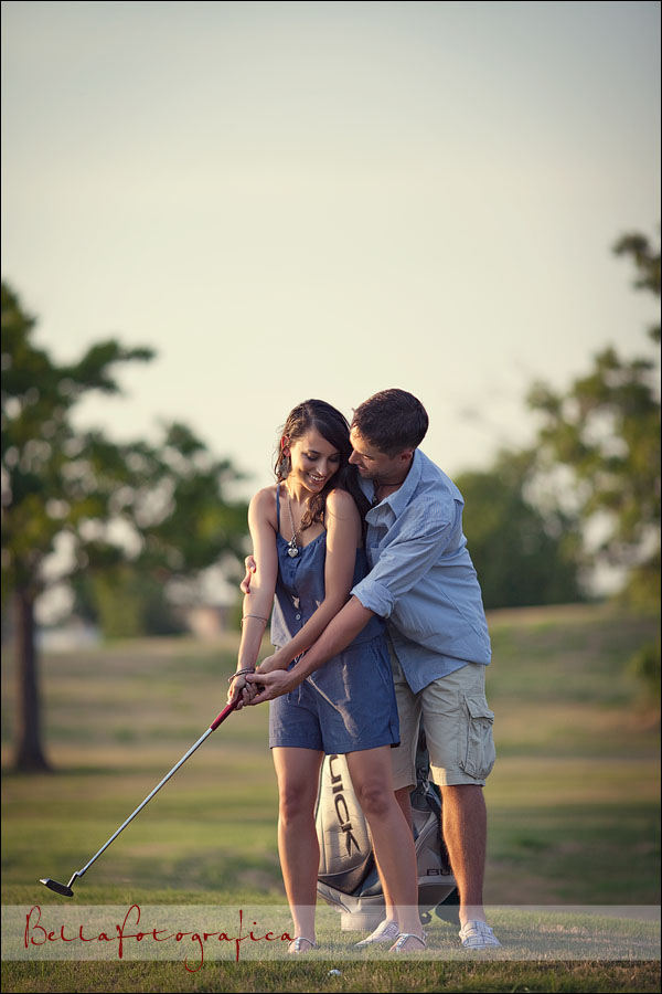 engaged couple playing golf