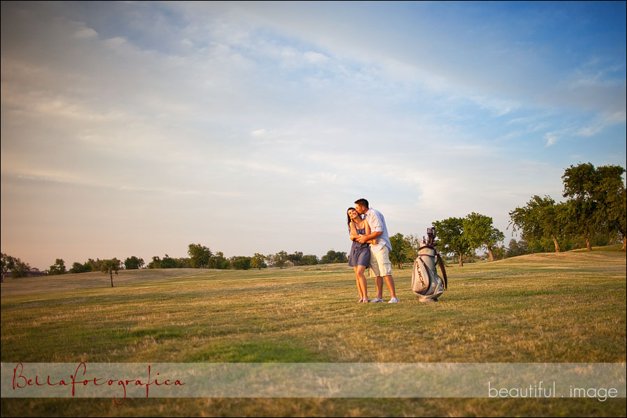 engaged couple on golf course