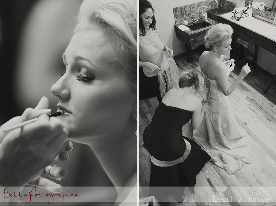 bride and bridesmaids getting their makeup on and dressed